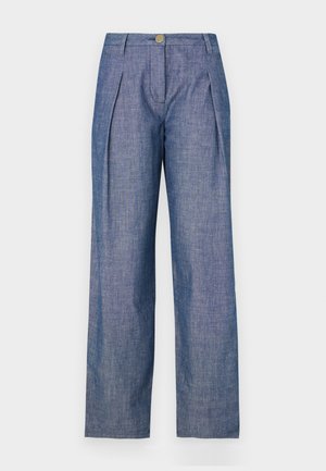 Helleblaue, weit geschnittene Hose aus einem strukturierten Stoff mit vorderen Falten und einem Knopfverschluss an der Taille.