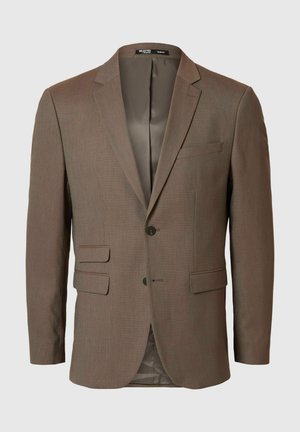 Brun blazer i tekstureret stof, enkeltknappet design, to forlommer og en notch-revers. Foret inderside, med to knapper.