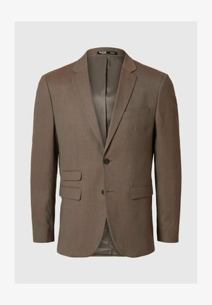 Pruun bleiser tekstuuriga kangast, ühe nööbiga disain, kaks esist pocketit ja notch-lapels. Voeritud sisemus, kahte nööpi.