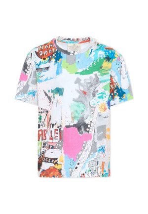 T-shirt a maniche corte con stampa astratta colorata in stile graffiti con forme, lettere e vari colori vivaci tra cui rosa, blu, verde e arancione.