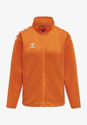 Oranje zip-up jas gemaakt van soepel stof. Voorzien van een opstaande kraag, dubbele zijzakken en witte schouderstrepen met logo op de borst.