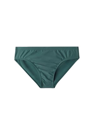 Grüner Bikiniunterteil aus glattem, elastischem Stoff. Hat ein einfaches Design mit niedrigem Bund und minimalen Nähdetails.