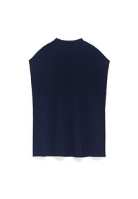 Top in maglina senza maniche di colore blu navy, con collo alto e taglio dritto, caratterizzato da una superficie liscia e privo di motivi o decorazioni visibili.