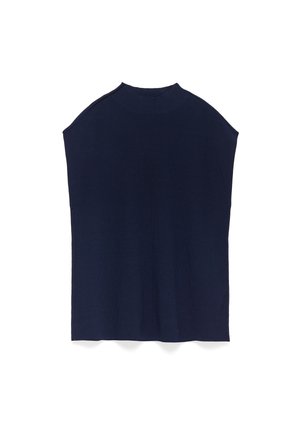 Marineblaues ärmelloses Strickoberteil mit hohem Kragen und geradem Schnitt, aus glattem Material ohne sichtbare Muster oder Verzierungen.