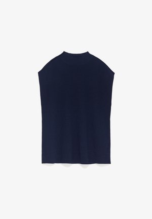 Granatowy, bezrękawnikowy top z dzianiny, z wysokim dekoltem i prostym krojem, o gładkiej fakturze, bez widocznych wzorów czy ozdób.