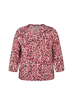 Locker sitzende Bluse mit rotem und pinkem Blumenmuster, Dreiviertelärmeln, rundem Ausschnitt und kleinem Schlüsselloch mit Bindedetail.