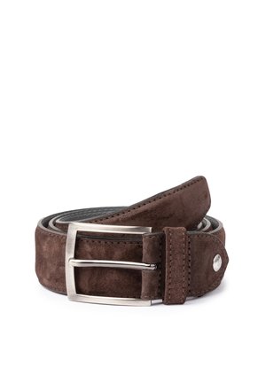 Brown suede belt with a textured finish, featuring a silver metal buckle and stitched accents. Rounded edges, dual-color design.
