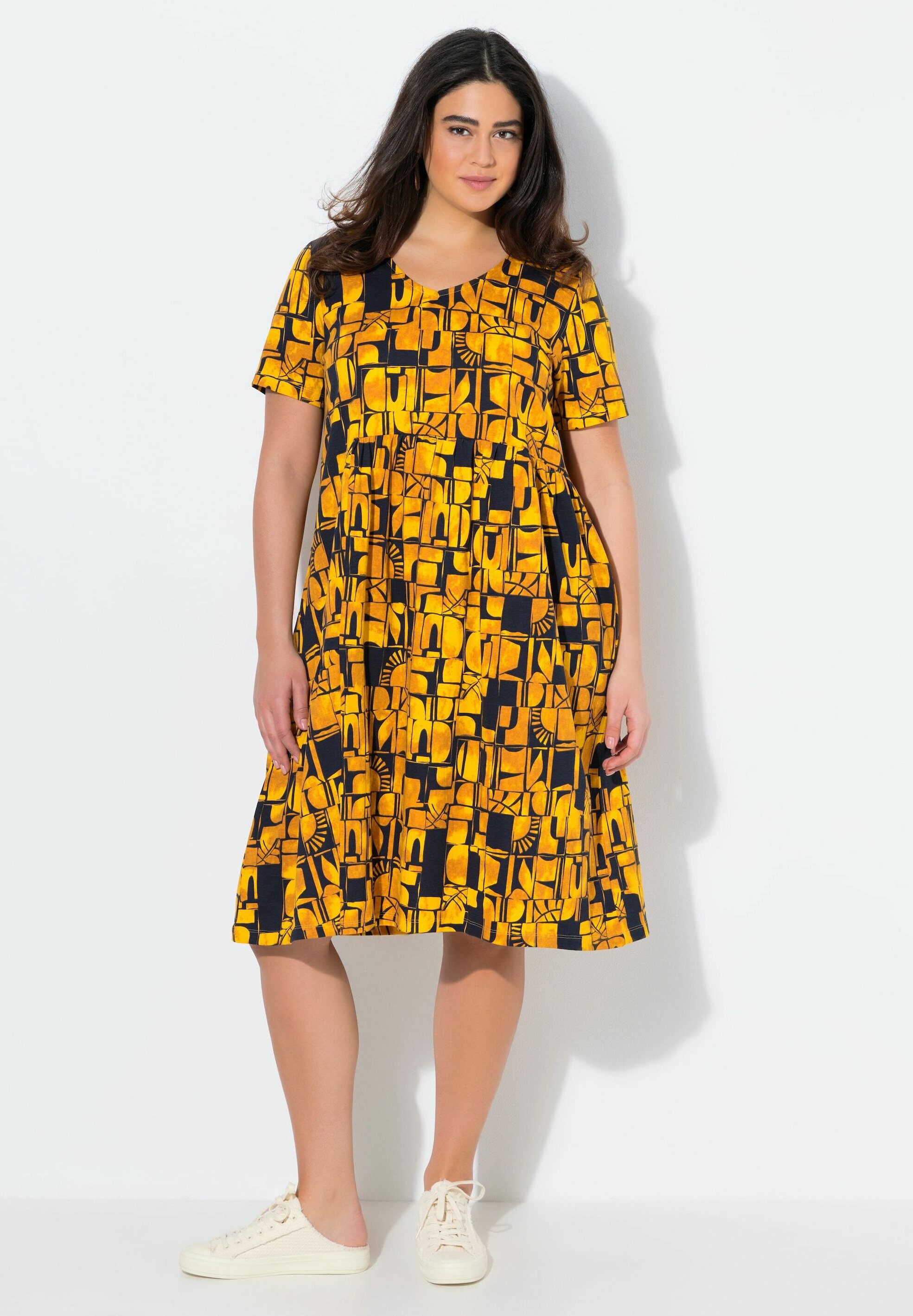 Ulla Popken Jersey-Maxikleid, Blüten, Rundhals, 3/4-Arm, Taschen | online kaufen