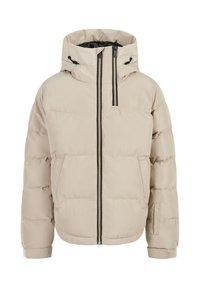 Beige pufferjack met capuchon, voorzien van een ritssluiting aan de voorkant, trekkoorden en zijzakken. De textuur van de geïsoleerde stof is duidelijk doorgestikt.