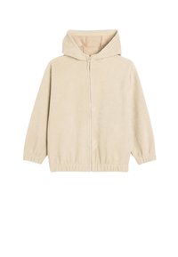 Veste à zip beige en molleton doux. Présente une capuche, des poignets élastiques et un ourlet inférieur. Intérieur lisse avec un design simple et minimaliste.