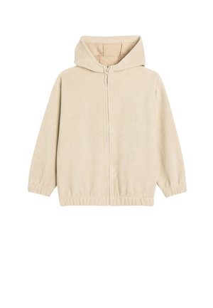 Beige vetoketjuhuppari, joka on valmistettu pehmeästä fleece-materiaalista. Siinä on huppu, joustavat hihansuut ja alahelma. Sileä sisäosa ja yksinkertainen, minimalistinen muotoilu.
