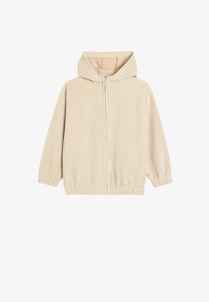 Beige Zip-Hoodie aus weichem Fleece. Mit Kapuze, elastischen Bündchen und unterem Saum. Glatte Innenseite mit einem schlichten, minimalen Design.