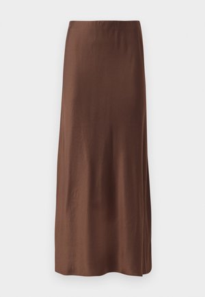 Jupe midi en satin brun avec une texture lisse, présentant une coupe droite sans motifs ni embellissements visibles. Design simple et élégant.