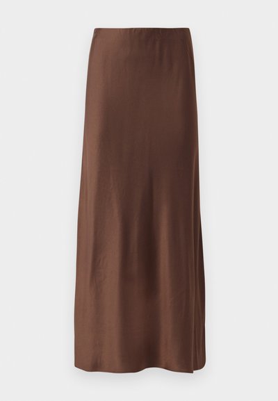 Brown satin midi skirt with a smooth texture, featuring a straight cut and no visible patterns or embellishments. Simple and elegant design.