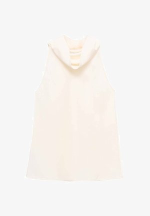 Ärmellös topp i elfenben, med en huva och en baksida med tre horisontella skärningar. Slät, lätt material med en subtil lyster.