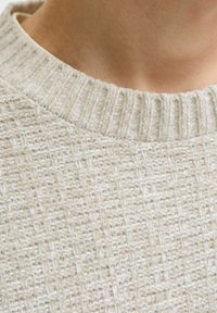 Pull en beige texturé avec un col rond côtelé. Dispose d'un motif tissé et d'un tissu doux et pelucheux.