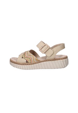 Beige sandalen met open teen, dikke witte zool, verstelbare enkelband met gesp en meerkleurige geweven voorband.
