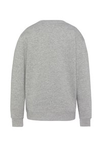 Felpa grigia, girocollo, maniche lunghe, realizzata in un morbido blend di cotone, presenta polsini e orlo a costine, texture liscia, semplice senza motivi.