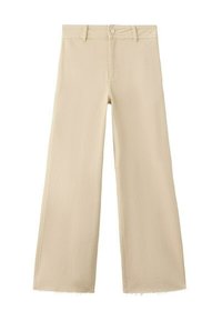 Pantalon beige taille haute à jambes larges avec fermeture à boutons et fermeture éclair, passants de ceinture, et ourlet brut.