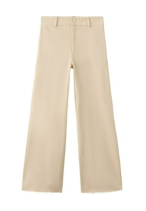 Pantalon beige taille haute à jambes larges avec fermeture à boutons et fermeture éclair, passants de ceinture, et ourlet brut.