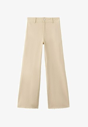 Beżowe spodnie z wysokim stanem, szerokimi nogawkami, zapinane na guzik i zamek błyskawiczny, z szlufkami na pasek i wykończeniem z surowym brzegiem.