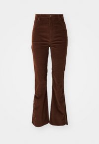 High-waisted brown corduroy pants with front pockets and flared legs featuring zippers along the outer seams.