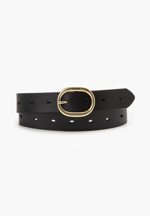 Black leather belt with oval gold metal buckle and multiple adjustment holes, rolled on a white background.