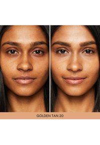 Dual portrait showing skin before and after application of foundation. Left: uneven tone, visible pores. Right: smooth, even finish, natural glow.