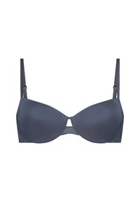 Ciemnoszara, miękka stanik z gładką teksturą, wsparciem w postaci fiszbin, regulowanymi ramiączkami i dekoracyjną koronkową wstawką przy obwodzie.