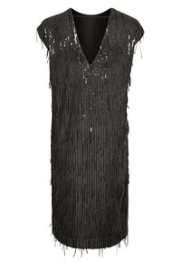 Černé šaty bez rukávů s výstřihem do V, ozdobené vertikálními třásněmi z flitrů pro texturu, vytvářející třpytivý efekt po celém povrchu.