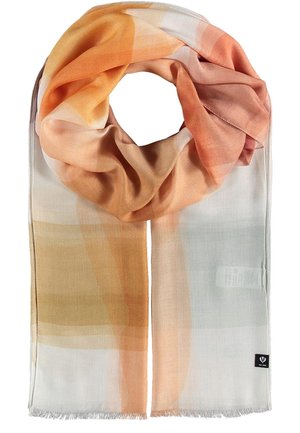 Lichte sjaal van zachte, doorschijnende stof in verlopende tinten oranje, perzik en crème, losjes rondgelegd in een lus met franjes aan de randen.