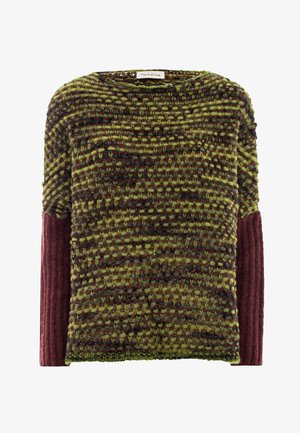 Maglione lavorato a maglia in tonalità verde e bordeaux con motivo testurizzato; presenta un ampio scollo e finiture a costine sulle maniche.