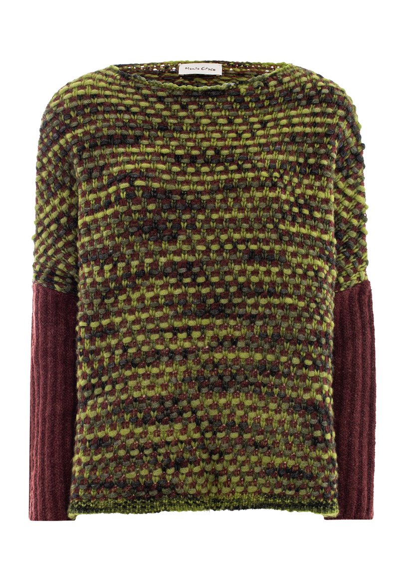 Maglione lavorato a maglia in tonalità verde e bordeaux con motivo testurizzato; presenta un ampio scollo e finiture a costine sulle maniche.