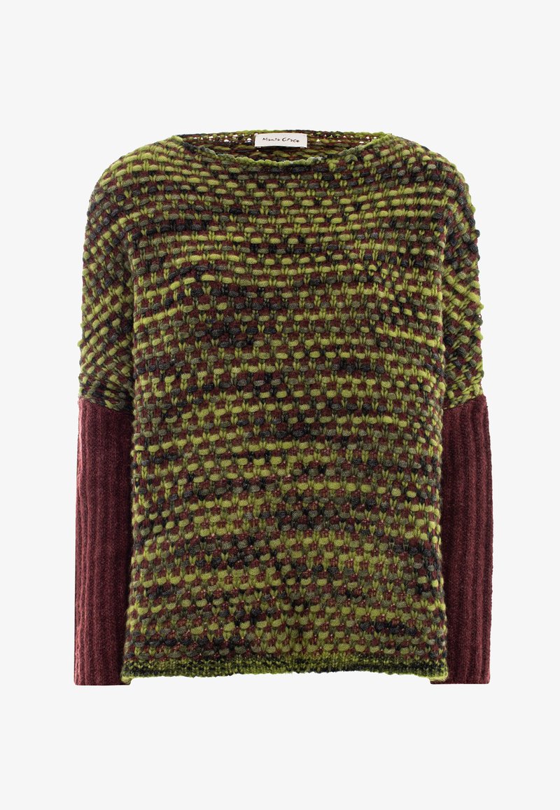 Maglione lavorato a maglia in tonalità verde e bordeaux con motivo testurizzato; presenta un ampio scollo e finiture a costine sulle maniche.