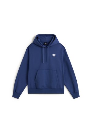 Donkerblauwe hoodie met voorzak, trekkoorden en klein Vans-logo op de linkerborst.
