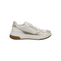 White and metallic gold low-top sneaker with lace-up closure and thick white sole with brown bottom, side view.