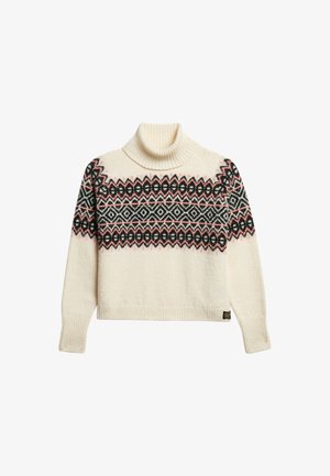 Cremefarvet turtleneck sweater med en struktureret strik. Har et geometrisk mønster i sort og lyserød over brystet. Ribkanter på ærmer og kant.