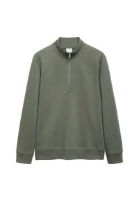 Felpa verde oliva con colletto alto, mezza zip sul davanti, maniche lunghe e polsini e orlo a coste. Realizzata in morbido tessuto testurizzato.