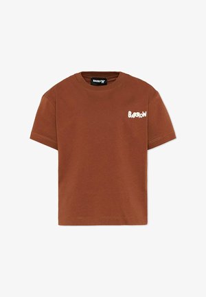 T-shirt en coton marron à manches courtes avec col rond et petit logo texte blanc "BARROW" sur le côté gauche de la poitrine.