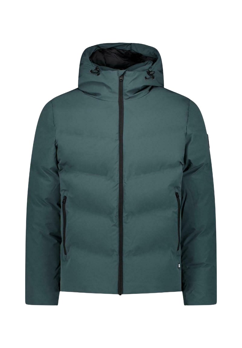 Donkerblauwe gewatteerde jas met capuchon, voorzien van een rits aan de voorkant en twee zijzakken, gemaakt van zacht, lichtgewicht materiaal.