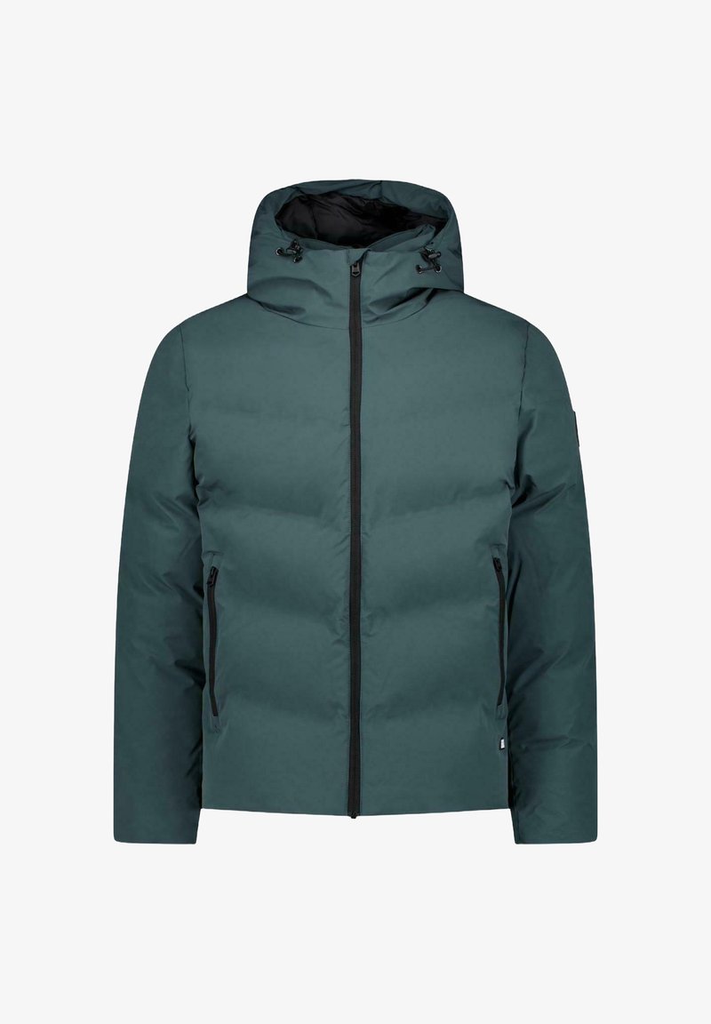 Donkerblauwe gewatteerde jas met capuchon, voorzien van een rits aan de voorkant en twee zijzakken, gemaakt van zacht, lichtgewicht materiaal.