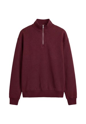 Dunkelroter Langarmpullover mit gerippten Bündchen und Saum, mit hohem Kragen und kurzem Frontreißverschluss.
