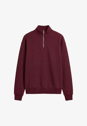 Dunkelroter Langarmpullover mit gerippten Bündchen und Saum, mit hohem Kragen und kurzem Frontreißverschluss.