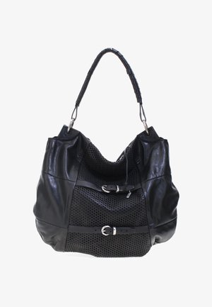 Sac à main en cuir noir avec panneau avant en mesh, deux sangles horizontales à boucle, et une poignée rembourrée.