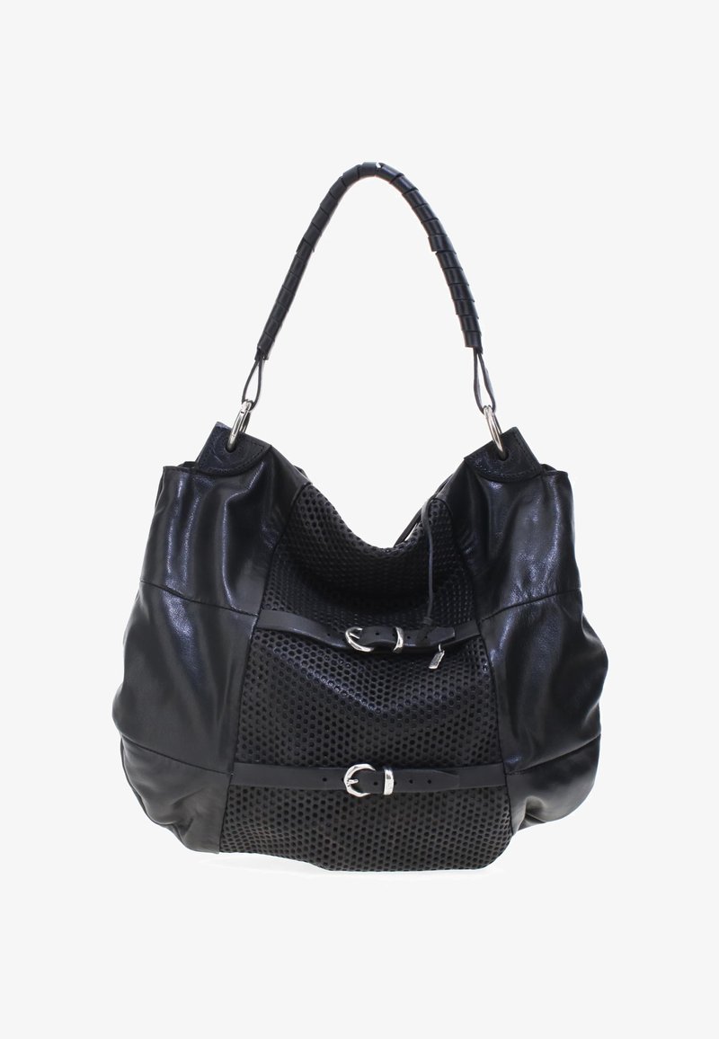 Sac à main en cuir noir avec panneau avant en mesh, deux sangles horizontales à boucle, et une poignée rembourrée.