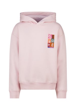 Hellrosa Kapuzenpullover mit einem mehrfarbigen rechteckigen Patch mit abstrakten Blattmotiven auf der linken Brust, langen Ärmeln und einer Fronttasche.