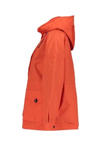 Giacca a vento arancione brillante con cappuccio, tasche frontali e polsini con bottoni vista di lato.