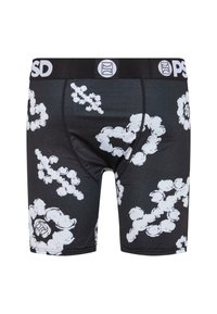 Zwarte boxershorts met een herhalend wit wolkenpatroon, voorzien van een brede zwarte tailleband met het "PSD"-logo prominent weergegeven.