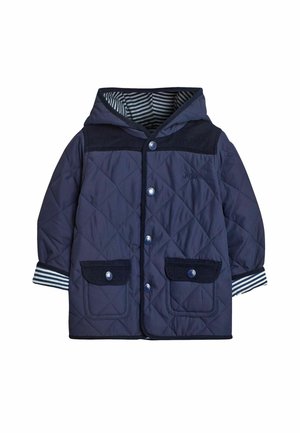 Giacca imbottita navy con cappuccio, con fodera a righe, due tasche frontali, bottoni a pressione e un tessuto strutturato.