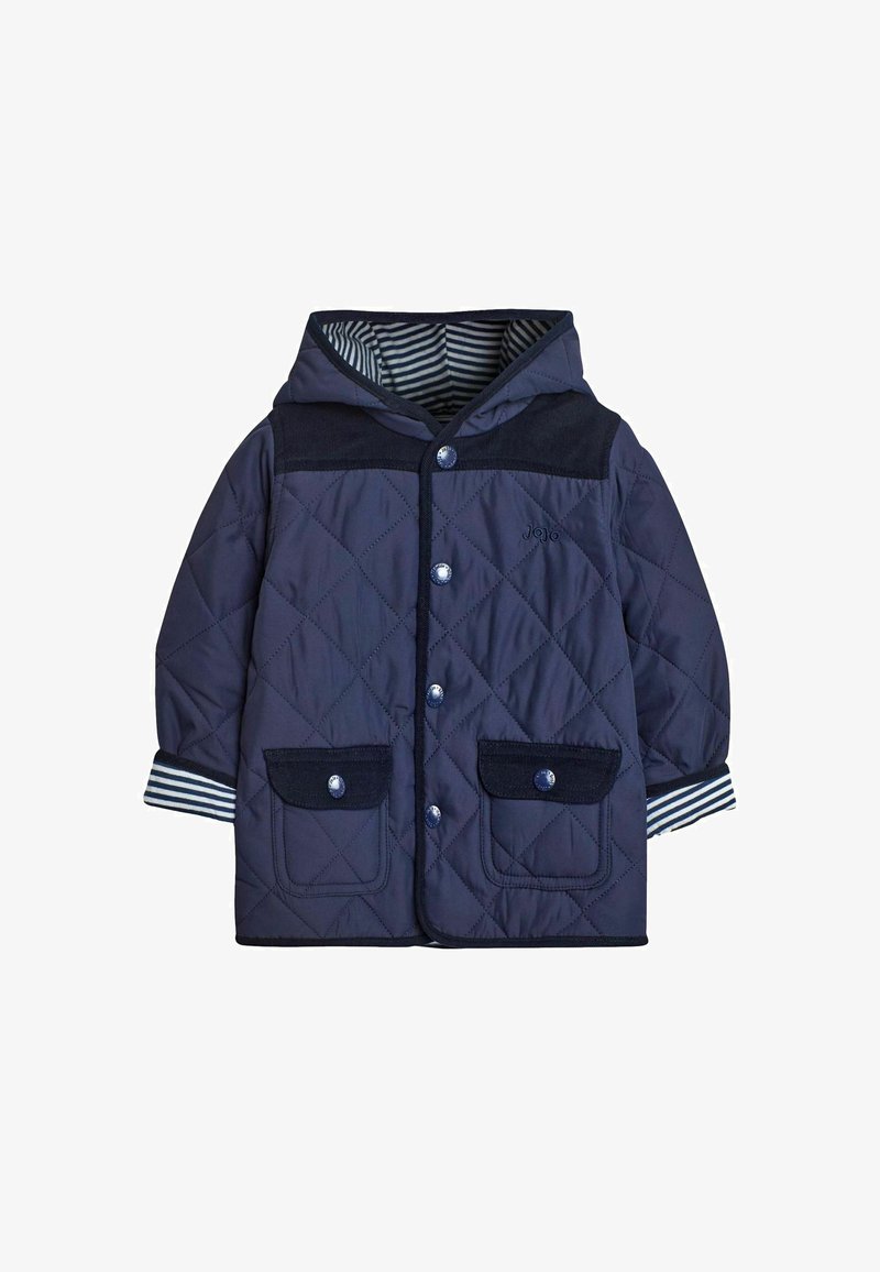 Tamsiai mėlynas pašiltintas švarkas su gobtuvu, su dryžuota pamušalu, dviem priekinėmis kišenėmis, snap uzdarymu ir tekstūruota medžiaga.